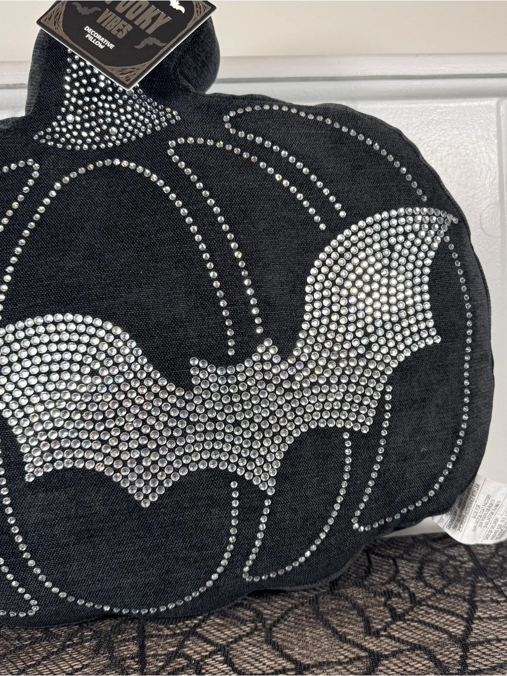 NEW Spooky Vibes Rhinestone Bat and Pumpkin Halloween Pillow